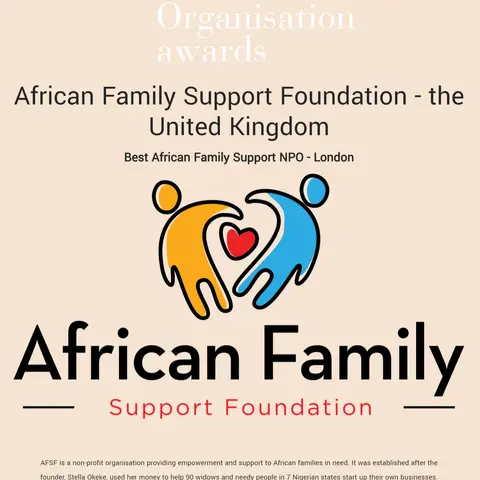 Acquisition International 'Non-Profit Organisation Awards' graphic naming African Family Support Foundation – United Kingdom as 'Best African Family Support NPO – London,' featuring the AFSF logo.
