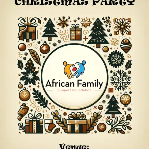 An illustrated Christmas party invitation from African Family Support Foundation, held on Saturday, 23rd December at Avery Hill Christian Fellowship in Sidcup.