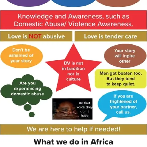 A colorful information flyer for 'Domestic Violence Prevention in Ethnic Minority Families' by African Family Support Foundation, featuring quotes like 'Love is not abusive' and 'DV is not in tradition nor in culture.'