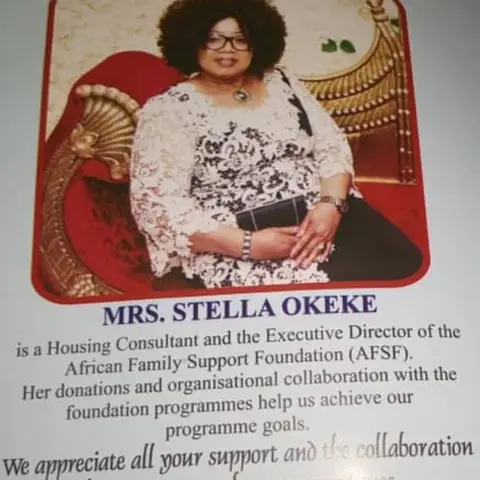 A profile image of Mrs. Stella Okeke, Housing Consultant and Executive Director of the African Family Support Foundation (AFSF), with a brief description of her role and contributions.