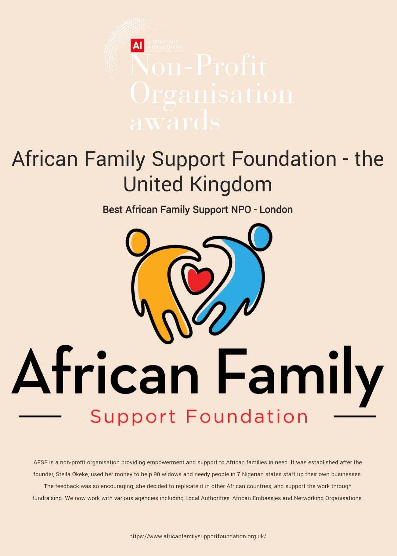 A graphic for the 'Non-Profit Organisation awards' presented by Acquisition International, awarding 'African Family Support Foundation - the United Kingdom' as the 'Best African Family Support NPO - London'. The graphic features a colorful logo of two abstract figures forming a heart shape.